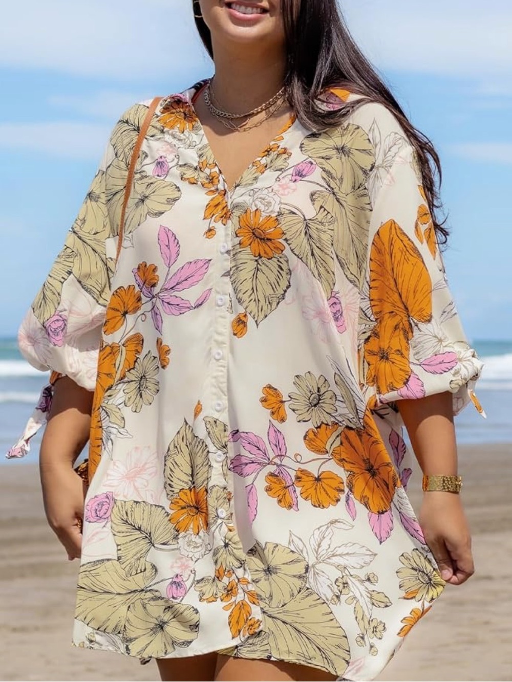 Cupshe Cream Floral Button-Front Shirt with Orange & Pink Blooms